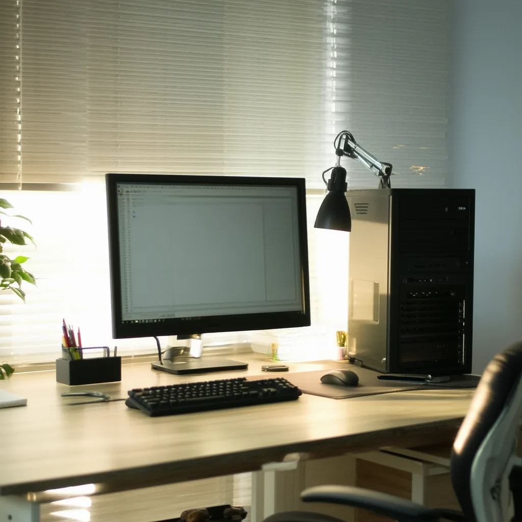 На столе стоит компьютер с монитором, клавиатурой и мышью. Рядом настольная лампа. Свет падает из окна с жалюзи.