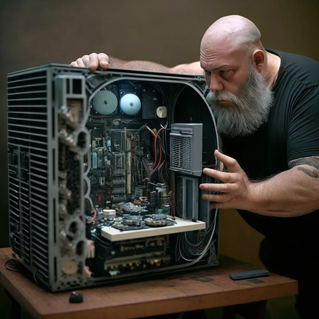 На изображении мужчина с бородой склонился над открытым компьютерным корпусом. Внутри видны провода и детали.